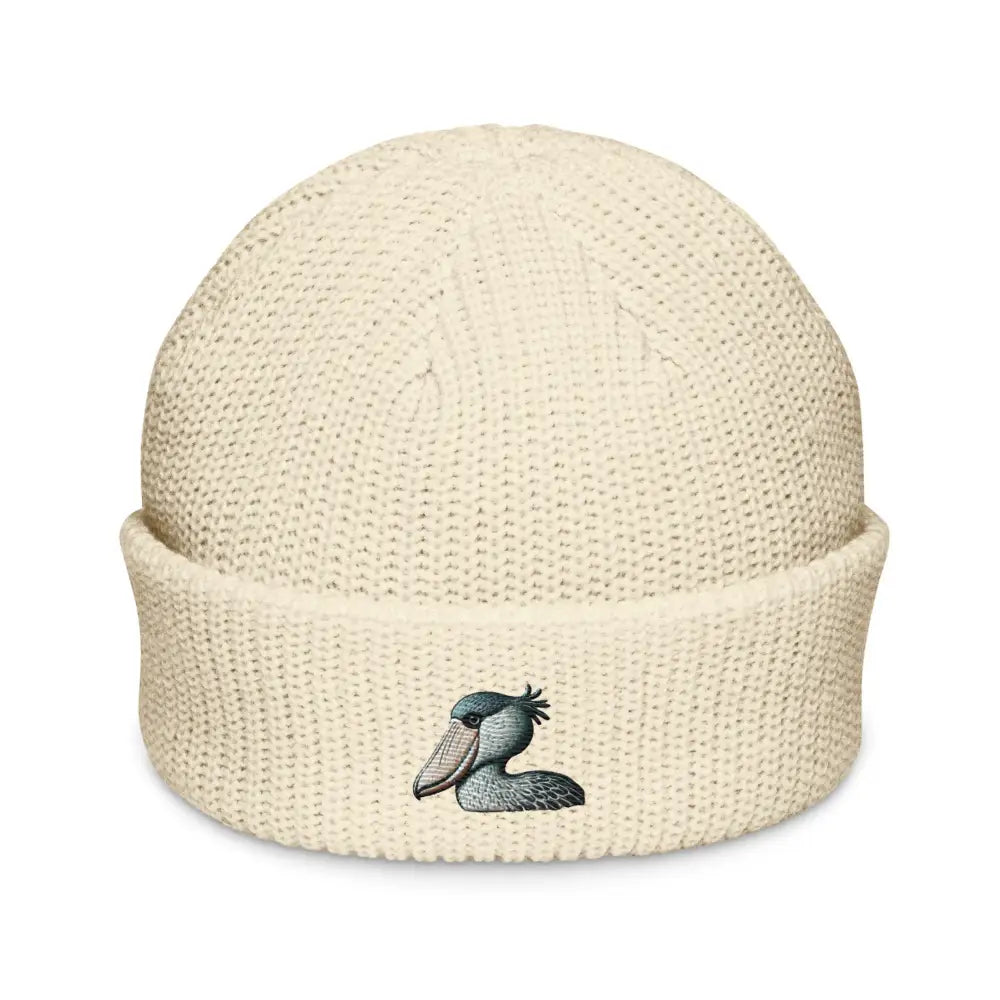 Embroidered shoebill stork fisherman beanie in off-white ribbed knit