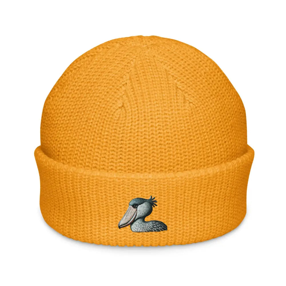 Mustard yellow embroidered shoebill stork fisherman beanie
