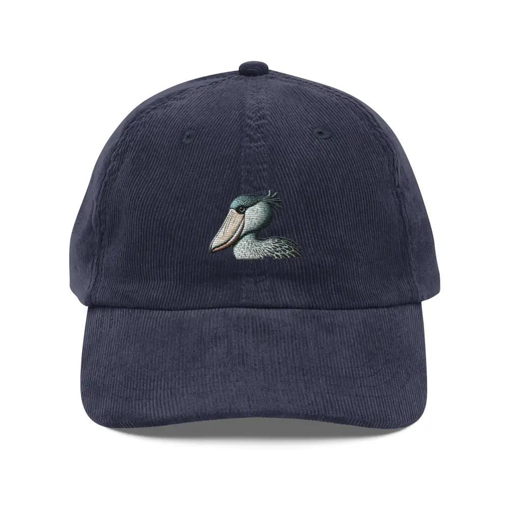 Embroidered shoebill stork vintage corduroy cap by Trini Skies
