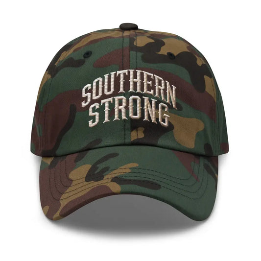 Embroidered ’Southern Strong’ Dad Hat – Adjustable Low Profile Cap - Green Camo - Hats camo baseball cap southern