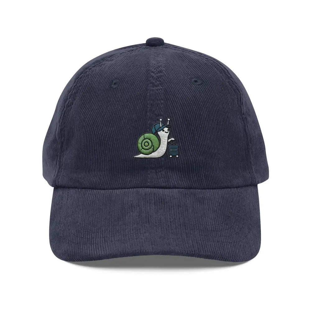 Trini Skies embroidered traveling snail vintage corduroy hat in navy blue