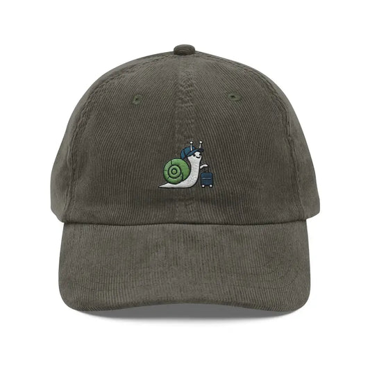 Embroidered Traveling Snail Corduroy Hat Vintage Aesthetic Adventure Cap - Olive - Hats dark olive green corduroy