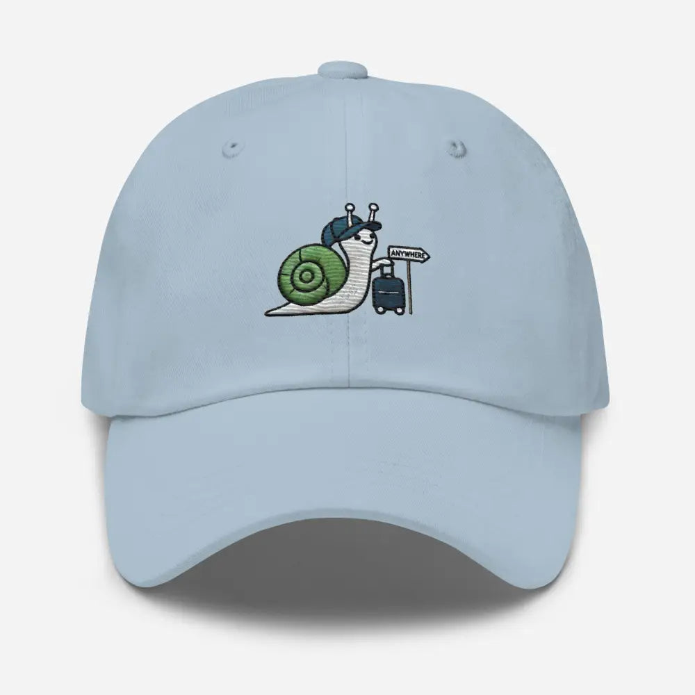 Light blue embroidered corduroy cap with traveling snail design