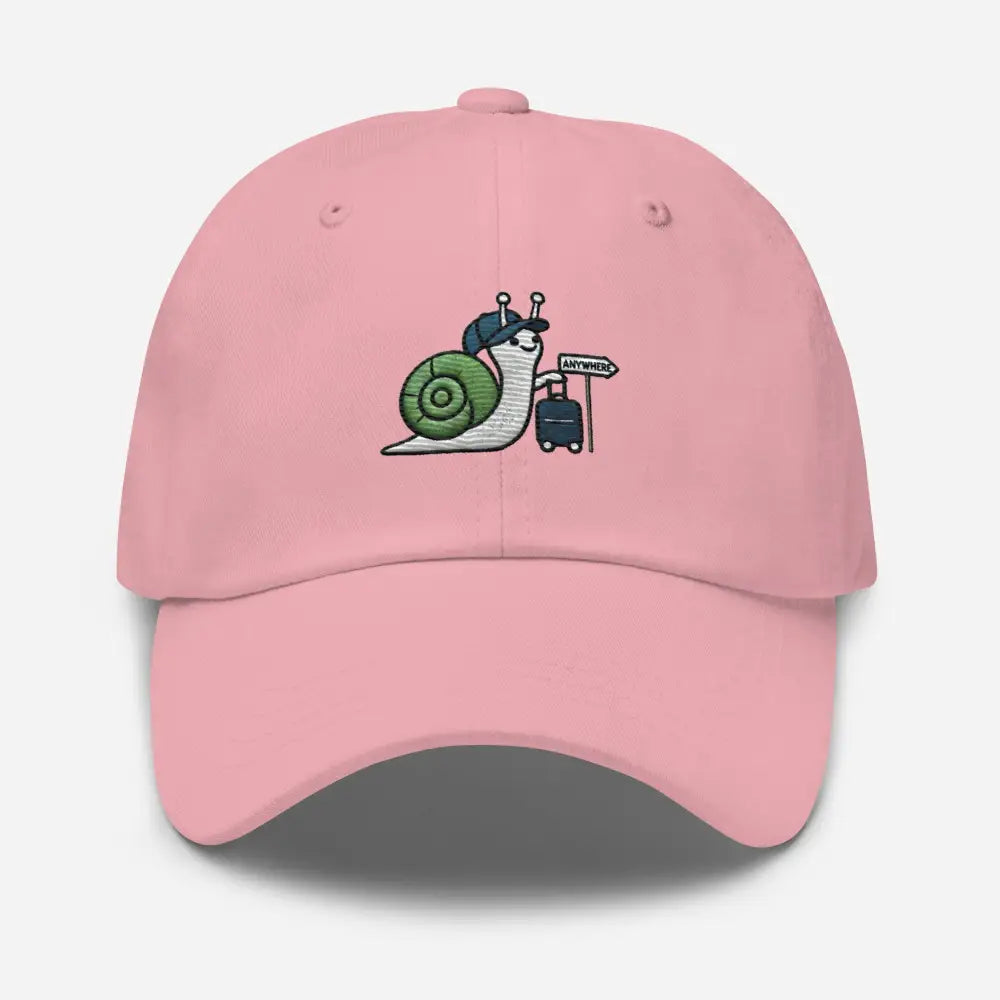 Pink embroidered corduroy cap with traveling snail design