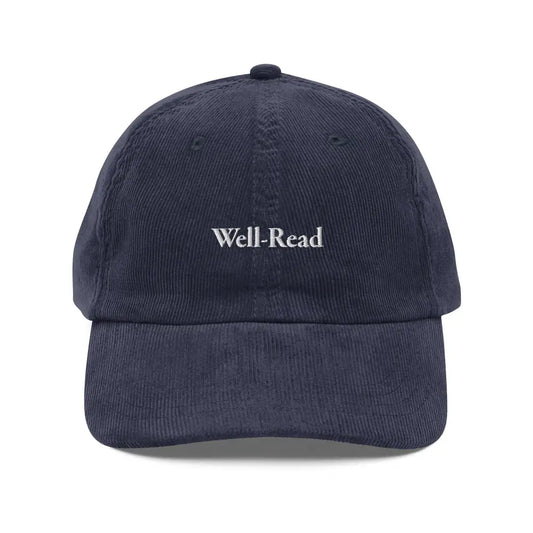 Embroidered Well-Read Vintage Corduroy Cap | Book Lover Aesthetic Hat - Navy - Hats dark blue corduroy baseball cap 1