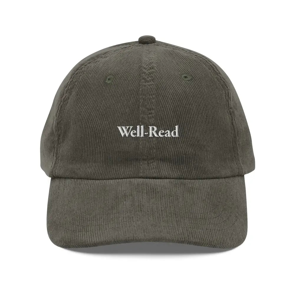Dark olive green embroidered corduroy cap with vintage book lover aesthetic