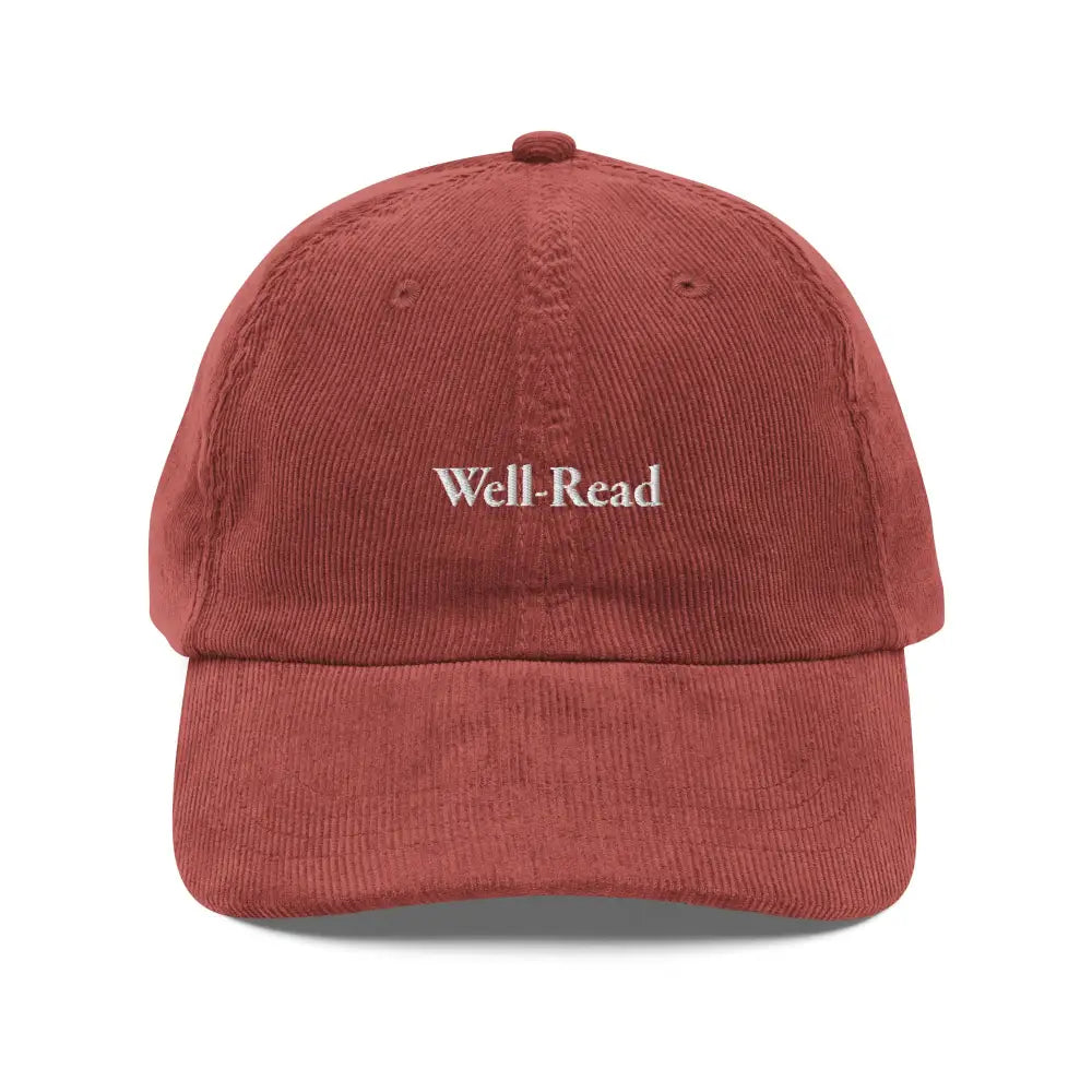Well Read embroidered corduroy cap in rust, vintage book lover aesthetic