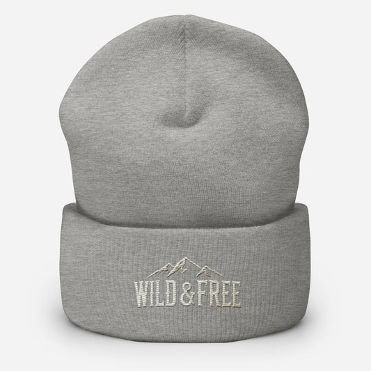 Embroidered Wild & Free Cuffed Beanie | Camping Hiking Nature Lover Hat - Hats light grey knit beanie wild 1