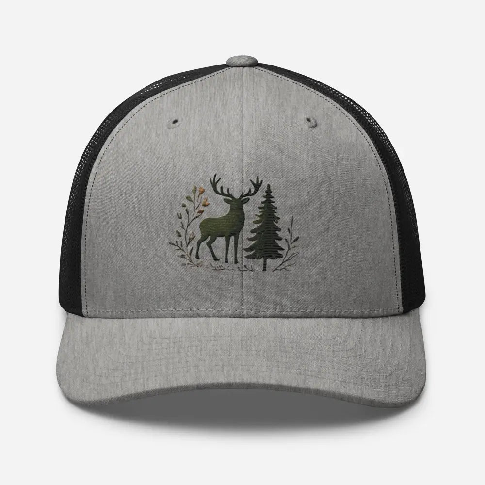 Gray wildlife deer trucker cap with embroidered deer and pine tree design