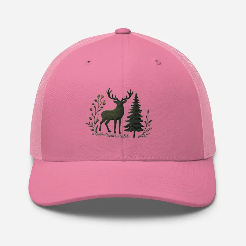 Pink wildlife deer embroidered trucker cap with pine tree design