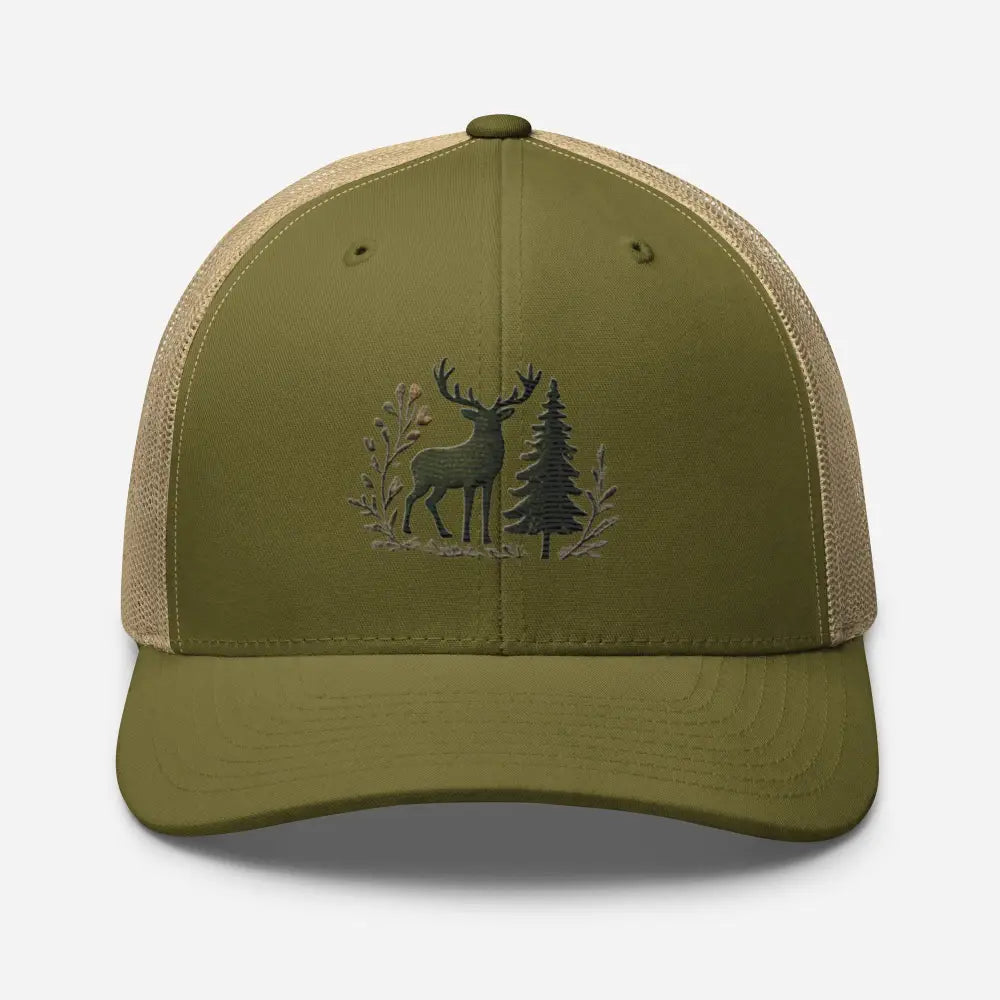 Olive green wildlife deer trucker embroidered cap with pine tree
