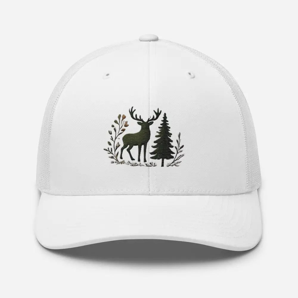 White wildlife deer trucker cap with embroidered pine tree design