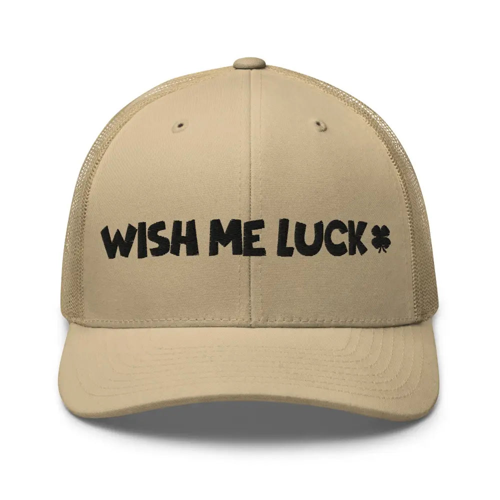 Tan mesh back clover trucker hat with Wish Me Luck embroidered corduroy cap design