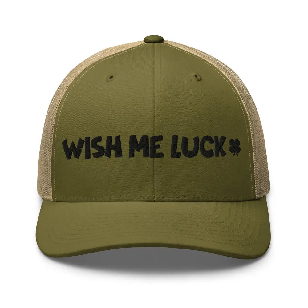Olive green clover trucker hat with embroidered Wish Me Luck shamrock