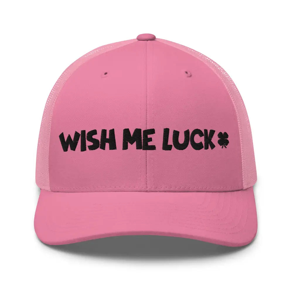 Pink Clover Trucker Hat Embroidered with Wish Me Luck Shamrock