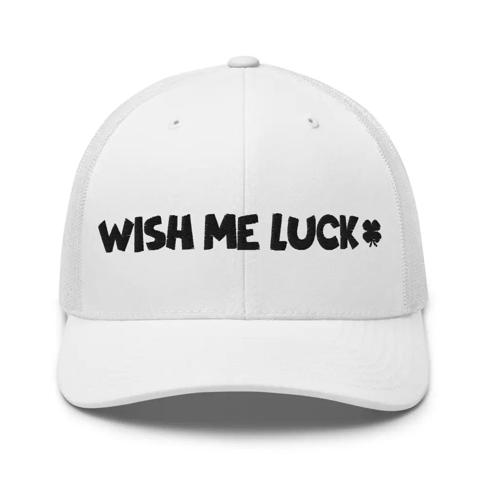 White clover trucker hat with embroidered Wish Me Luck shamrock