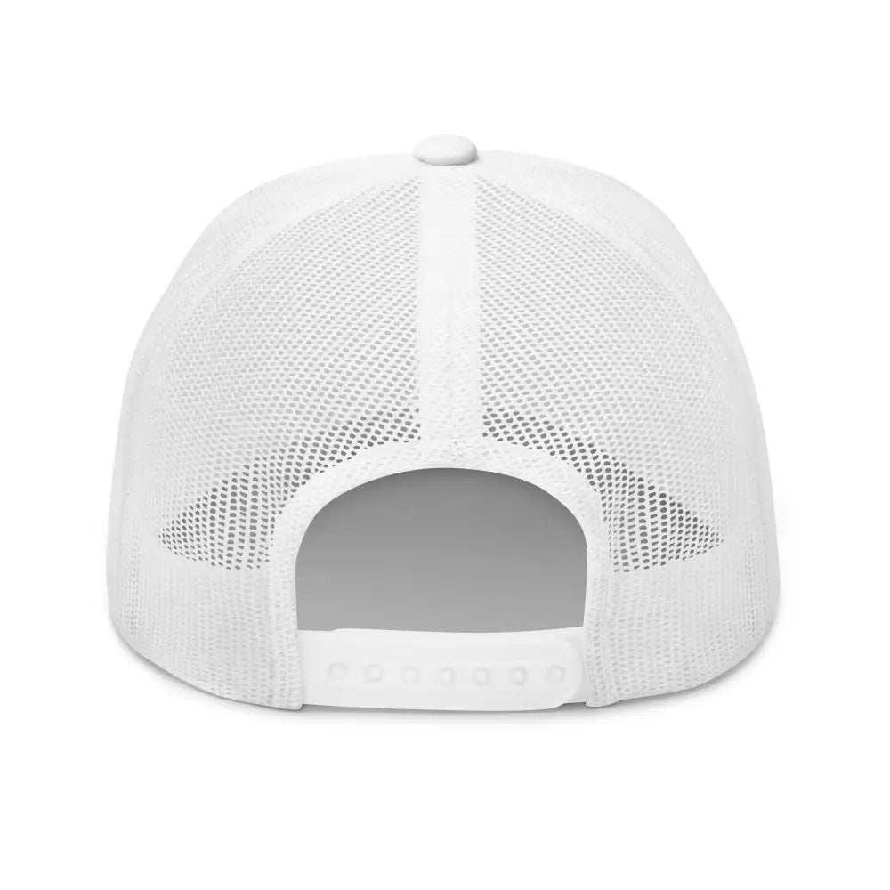 White trucker cap with mesh back and snap closure, embroidered clover trucker hat