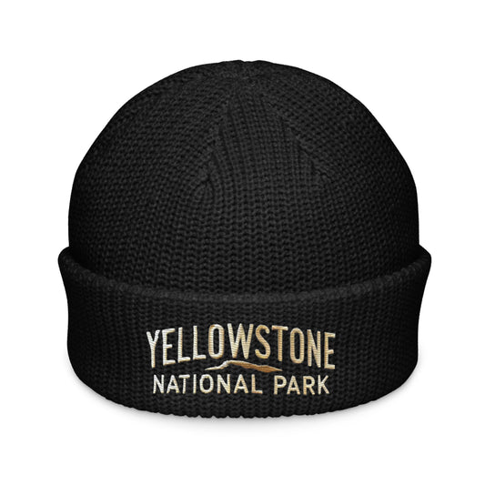 Embroidered Yellowstone National Park Fisherman Beanie | Warm Ribbed Knit Hat - Black - Hats black knitted beanie