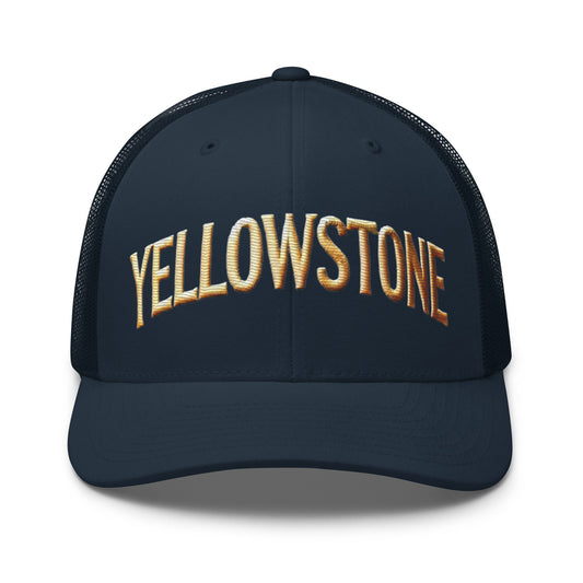 Embroidered Yellowstone National Park Trucker Cap | Mesh Back Adventure Hat - Navy - Hats dark blue trucker hat