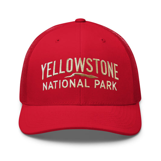 Embroidered Yellowstone National Park Trucker Cap | Mesh Back Adventure Hat - Red - Hats red mesh-back trucker hat