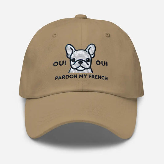 Embroidered ’Yes Yes Pardon My French’ French Bulldog Dad Hat - Hats tan baseball cap embroidered french 1