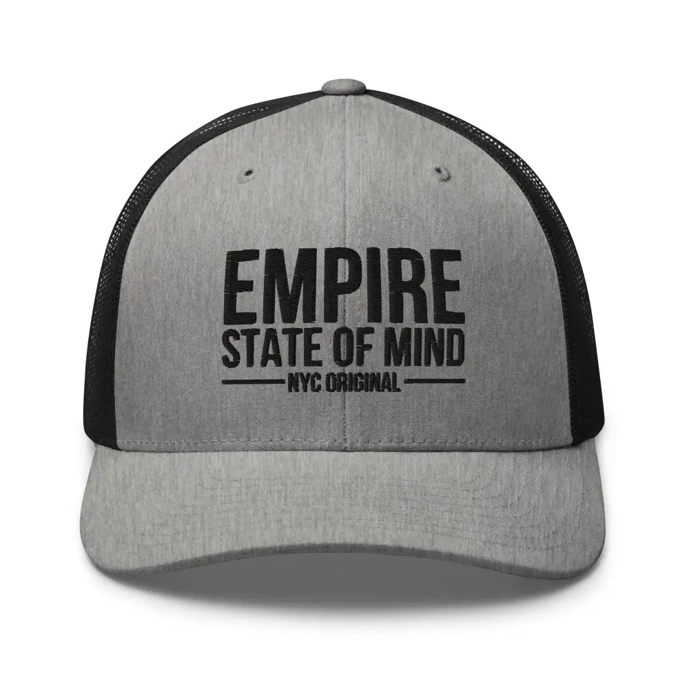 Gray and black Trini Skies embroidered corduroy cap with Empire State of Mind text