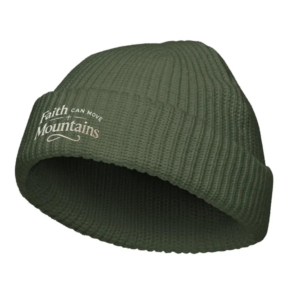 Olive green ribbed embroidered fisherman beanie with Faith can Move Mountains embroidery by Trini Skies