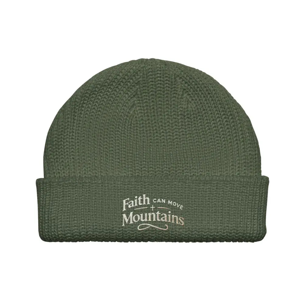 Olive green embroidered fisherman beanie with Faith can Move Mountains text