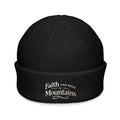 Black embroidered fisherman beanie with Faith Can Move Mountains design by Trini Skies