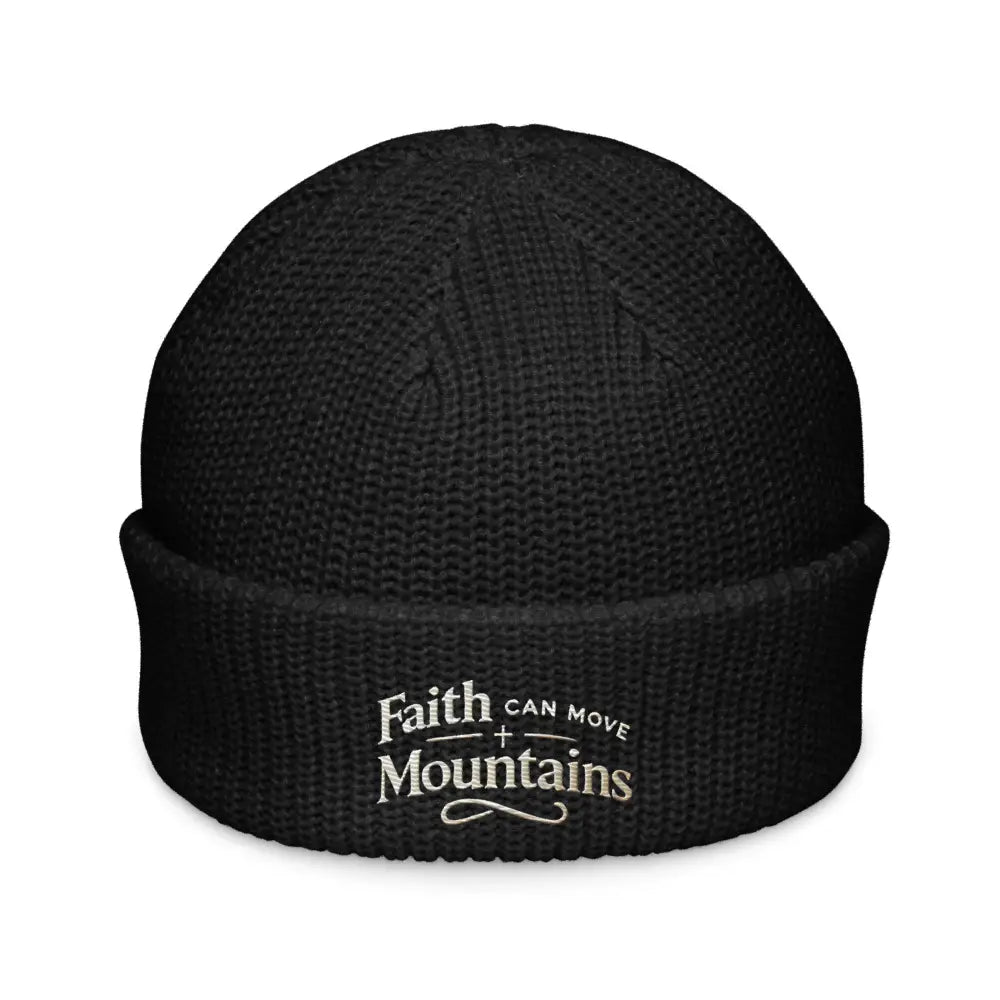 Black embroidered fisherman beanie with Faith Can Move Mountains design by Trini Skies