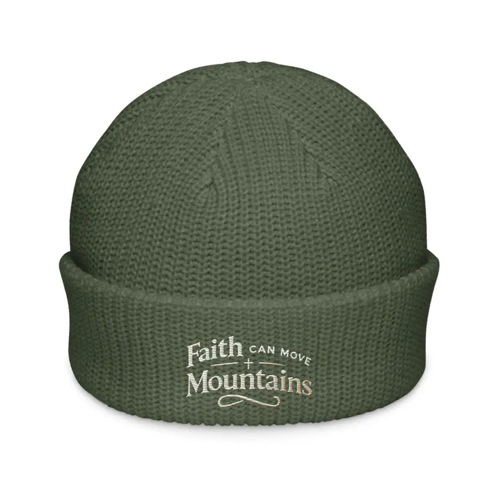 Olive green embroidered fisherman beanie with Faith can Move Mountains and Trini Skies design