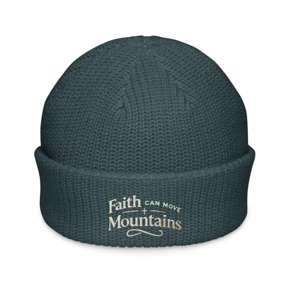 Teal ribbed embroidered fisherman beanie with mountains design
