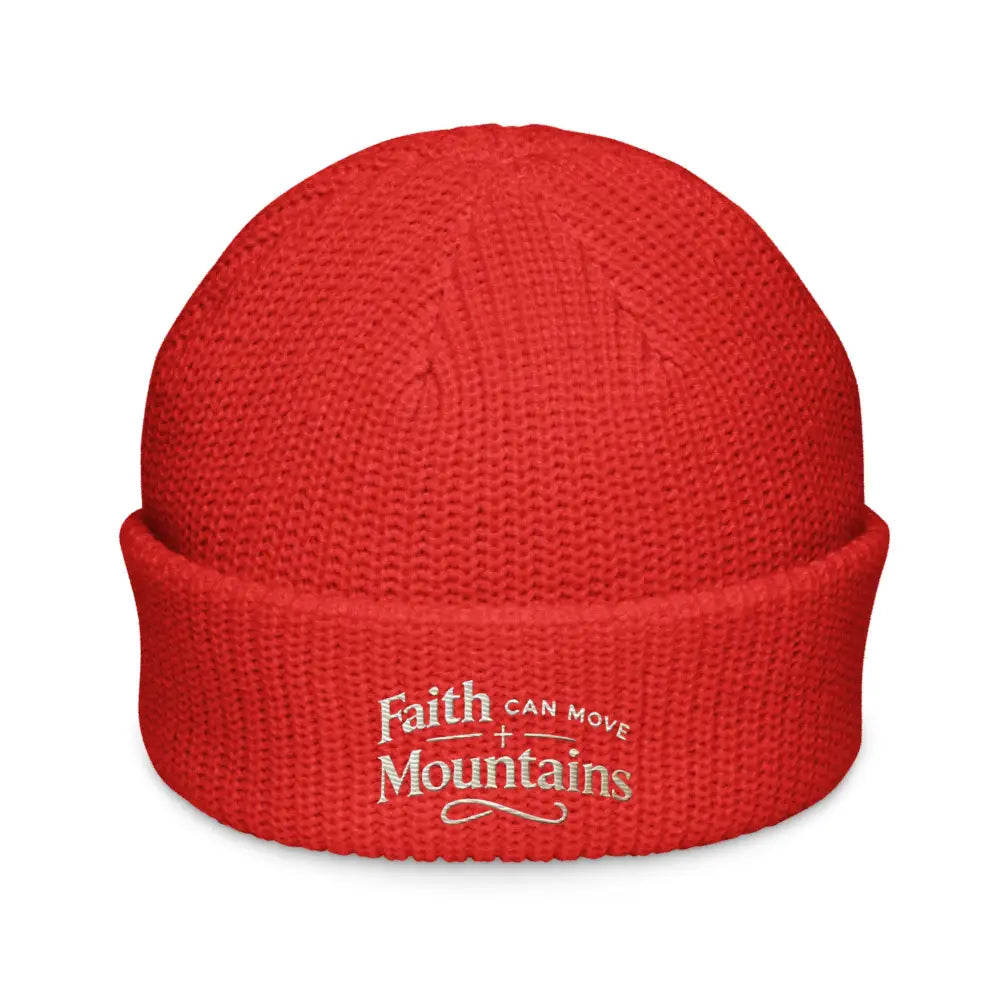 Red embroidered fisherman beanie with Faith Can Move Mountains on cuff
