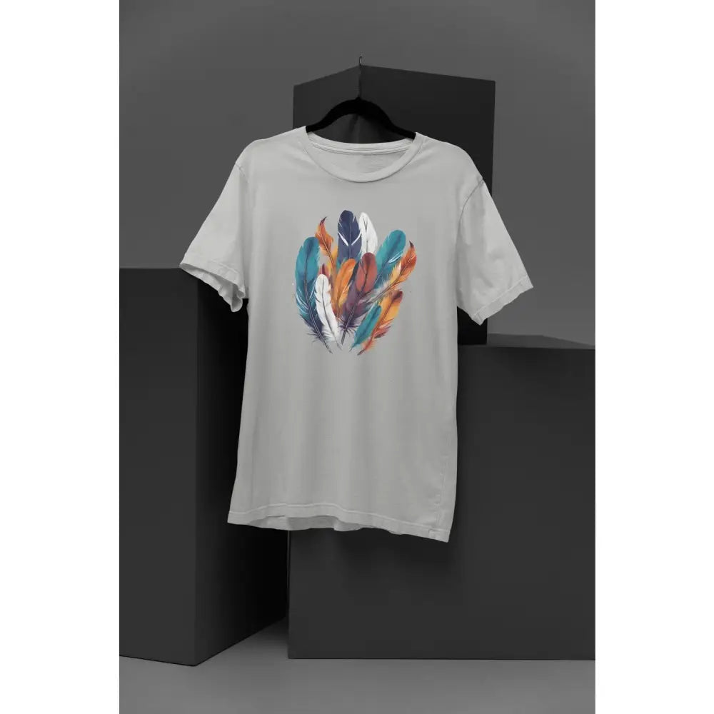 Light gray boho feather graphic tee unisex cotton shirt