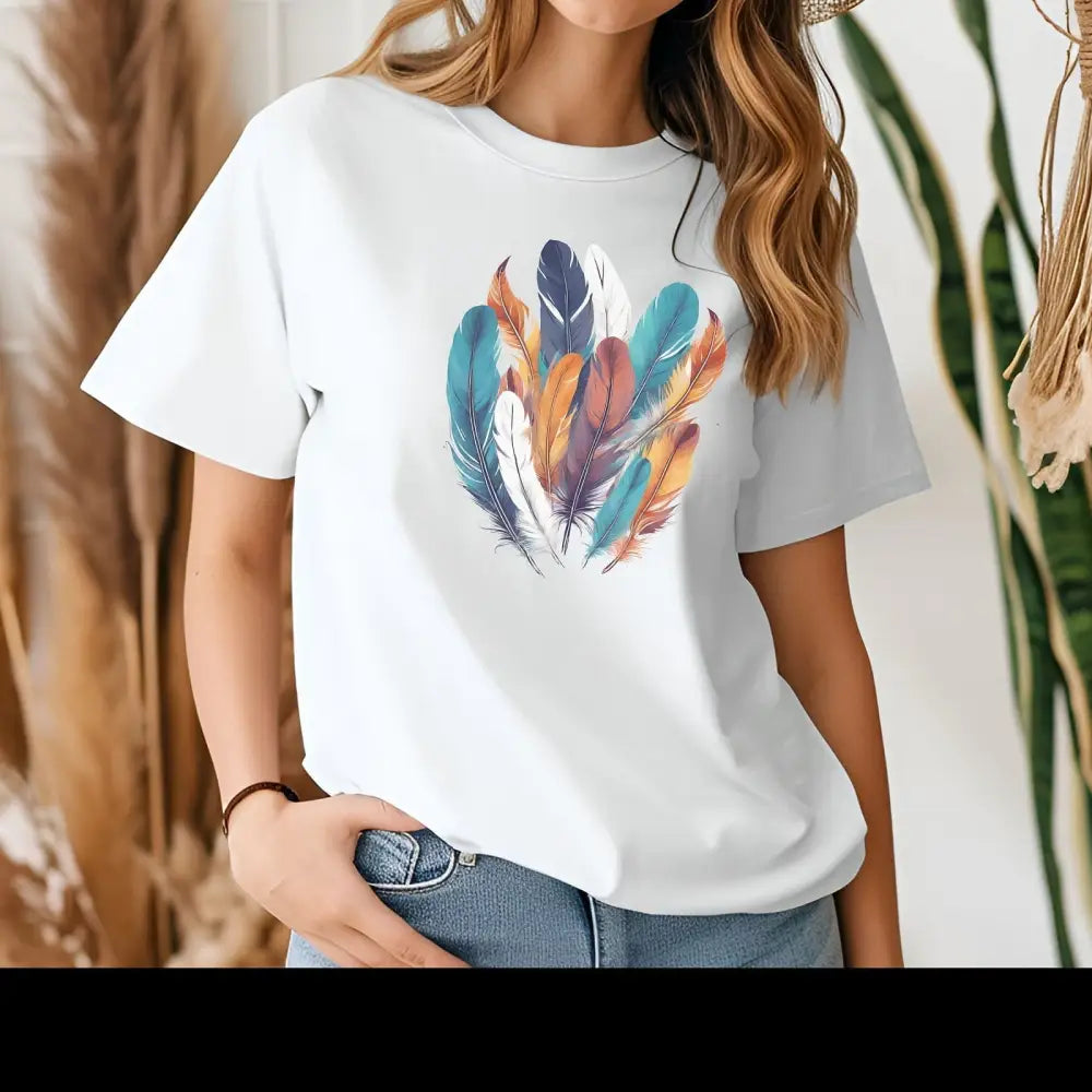 Boho feather graphic on white unisex cotton t-shirt