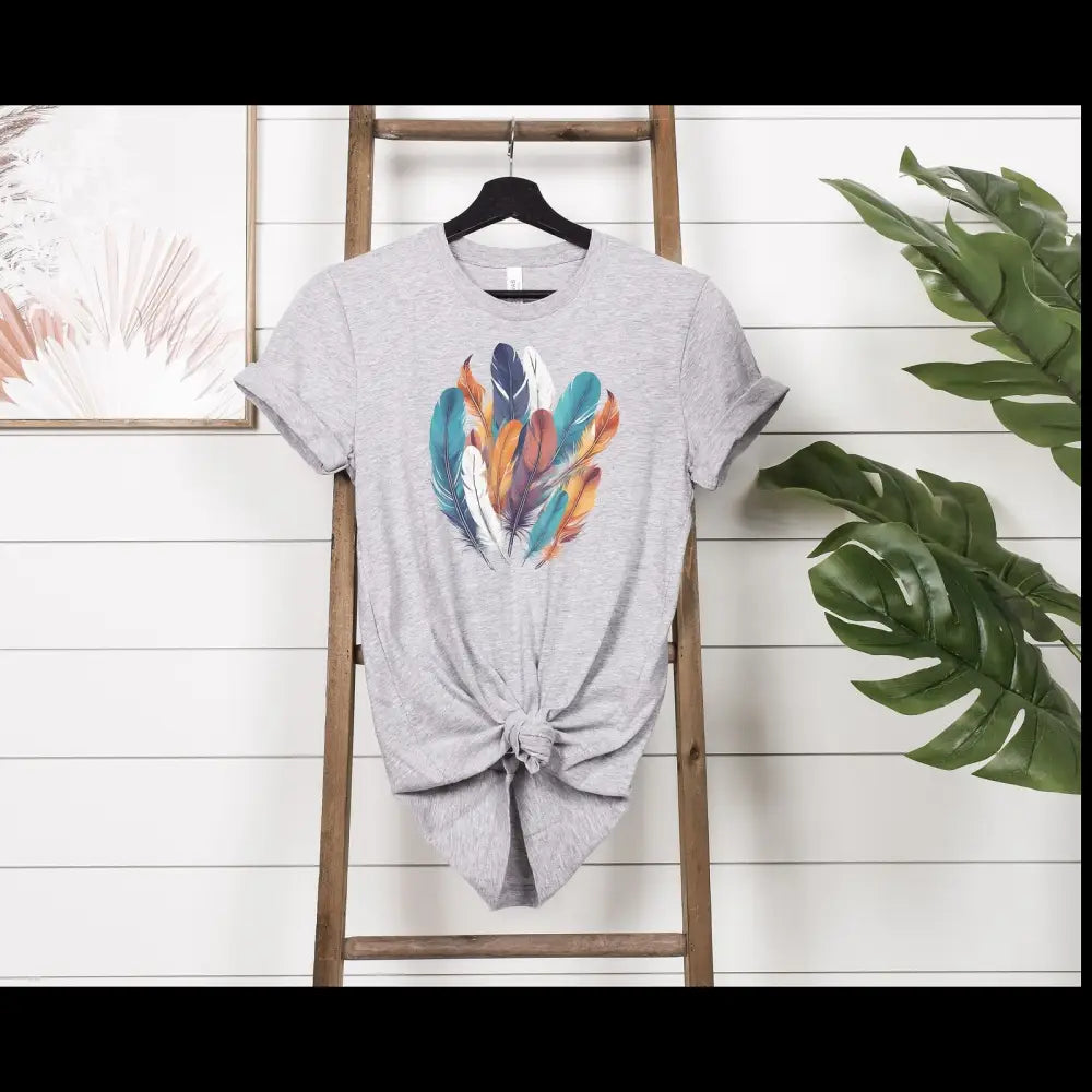 Light gray boho feather graphic tee unisex cotton shirt