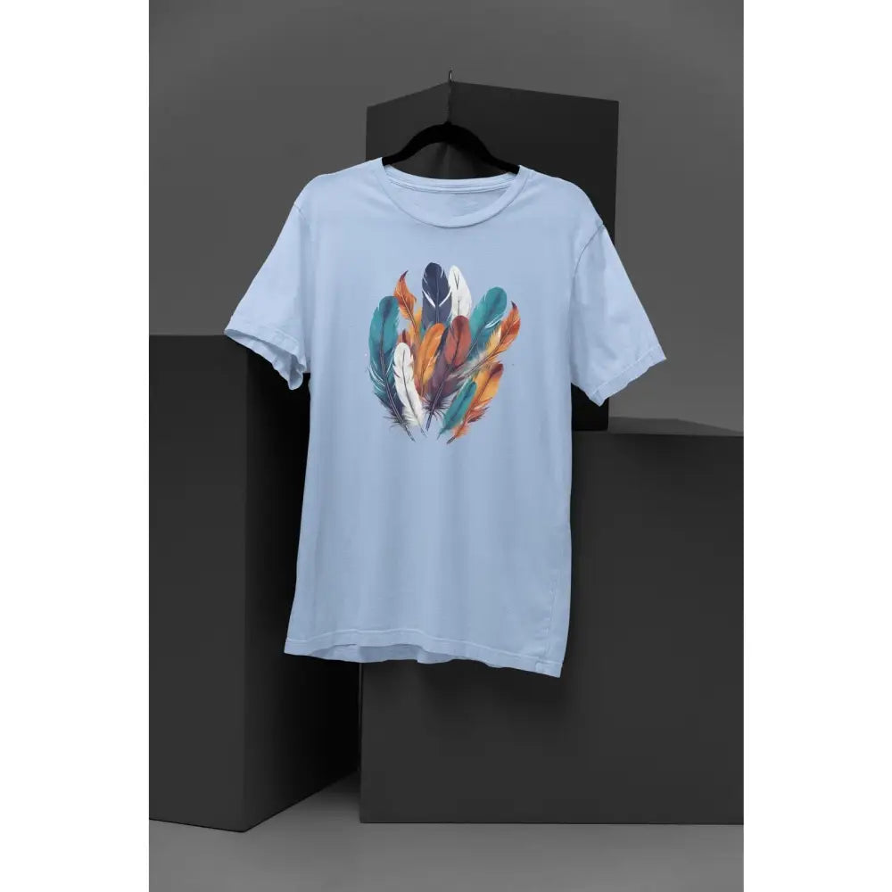 Light blue boho feather graphic tee unisex cotton shirt