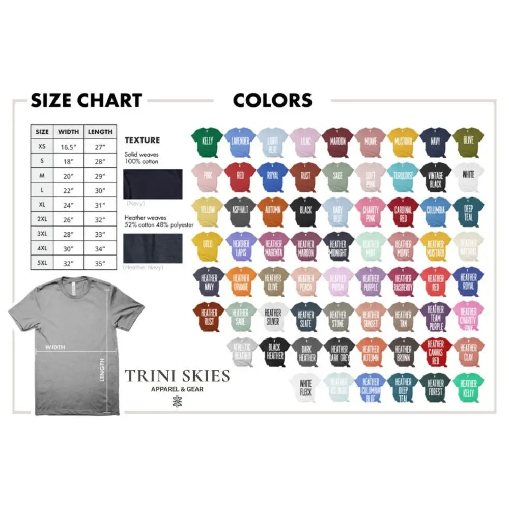 Boho feather graphic tee size chart with colors and textures