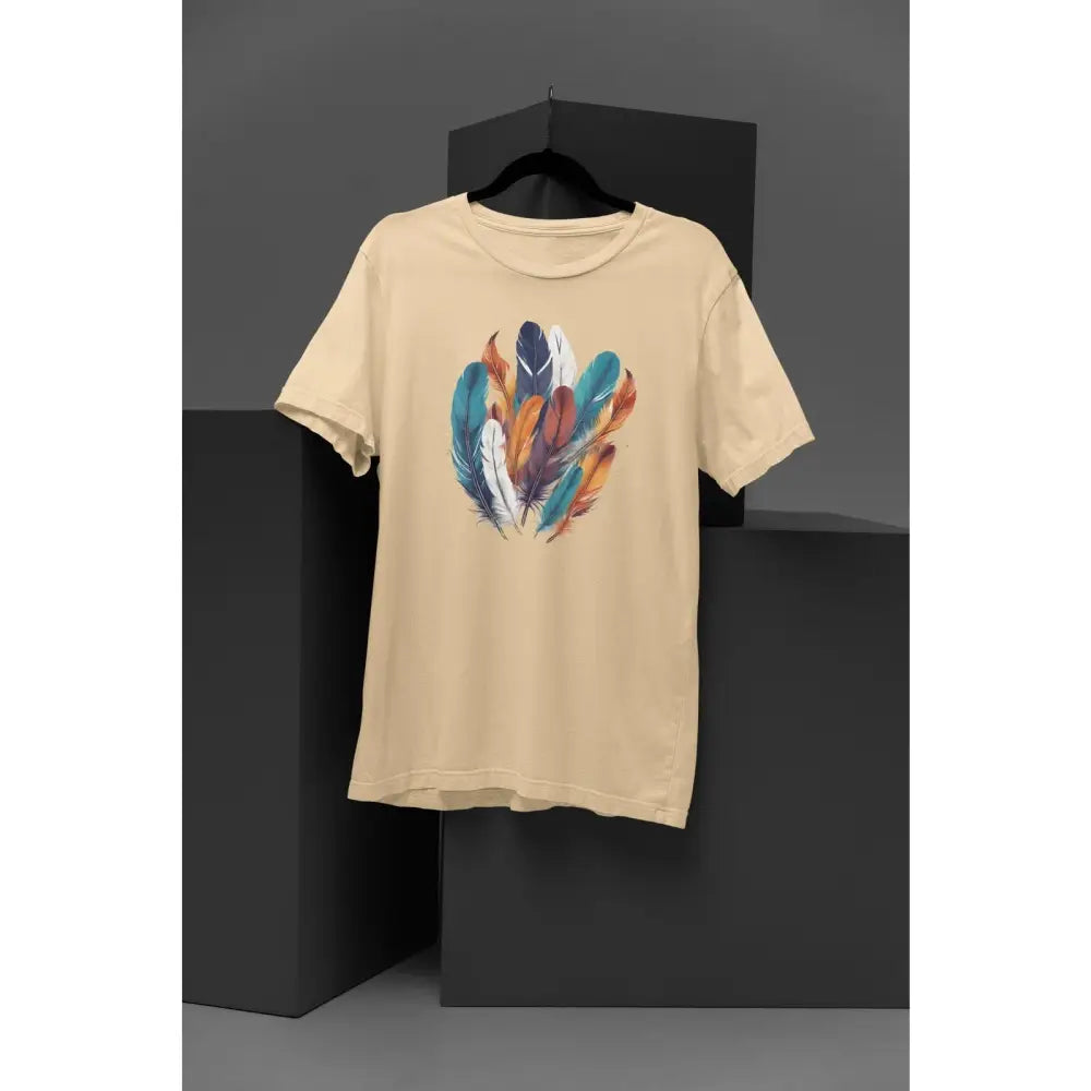 Boho feather graphic on light beige unisex cotton crew-neck tee