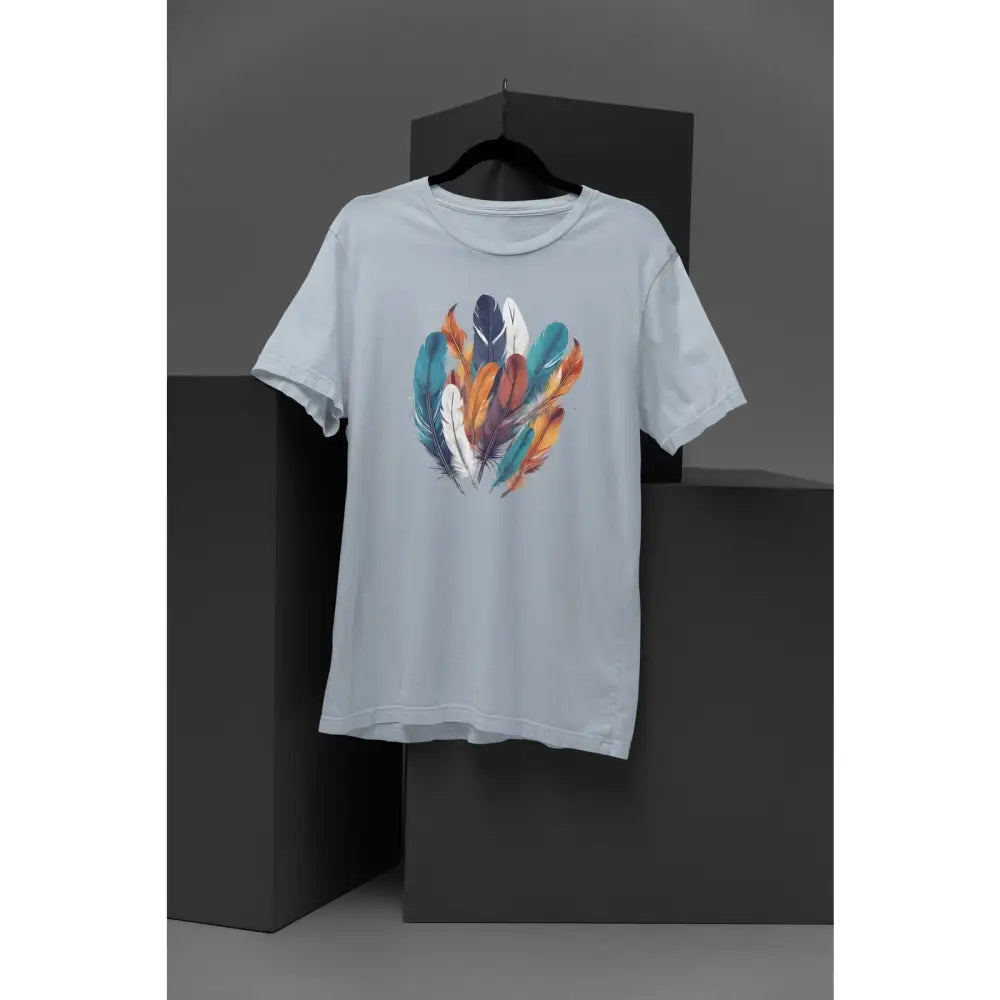 Light blue boho feather graphic tee unisex cotton shirt