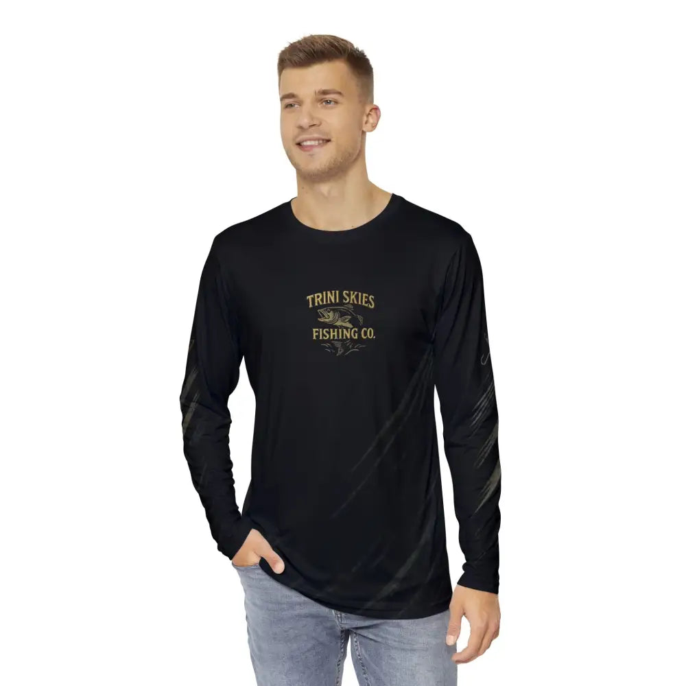 Trini Skies black long-sleeve fishing shirt with bass graphic