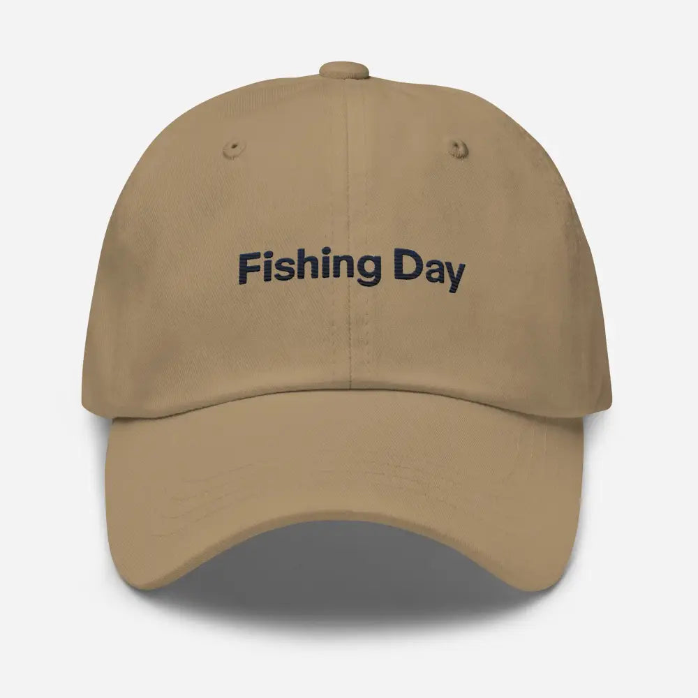 Tan Fishing Day Dad embroidered corduroy hat under Trini Skies, perfect for fishing days
