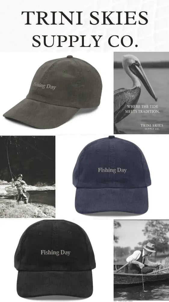 Three embroidered Fishing Day corduroy hats in green, navy, black