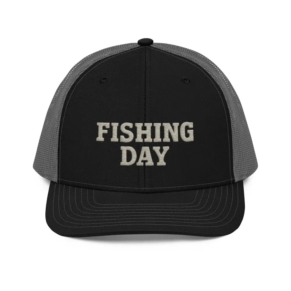 Fishing Day Richardson embroidered black trucker hat with grey mesh back