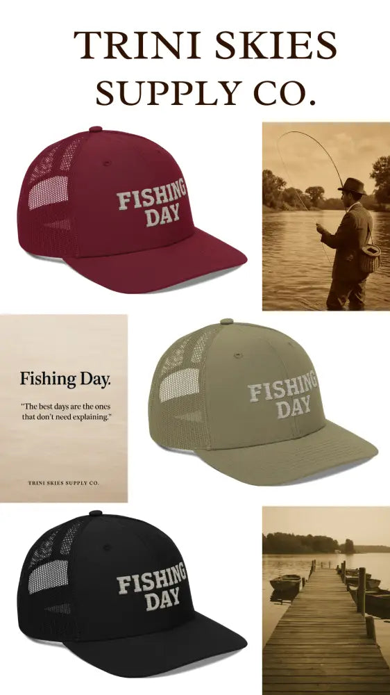 Three Fishing Day Richardson embroidered trucker hats in maroon, olive, black