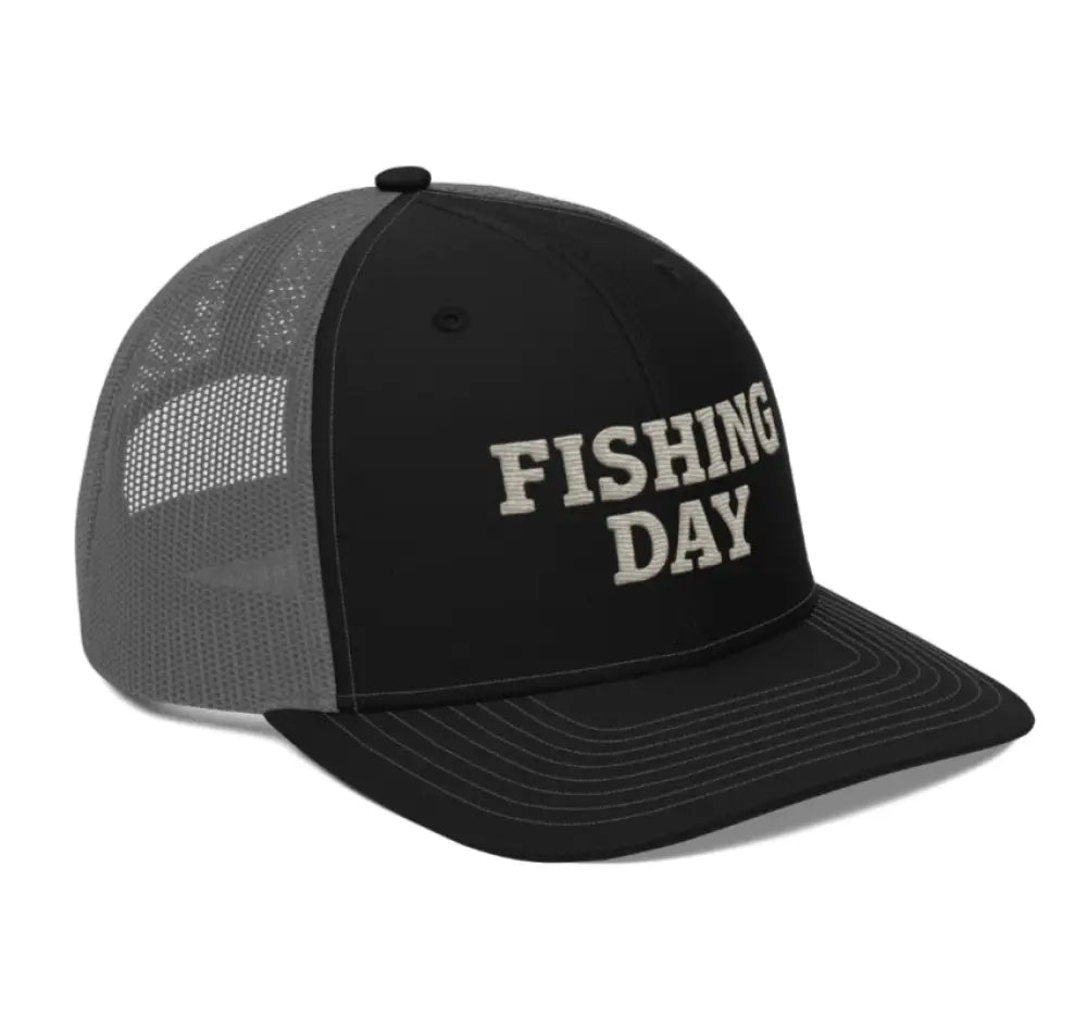Trini Skies Fishing Day Richardson embroidered trucker mesh hat black gray