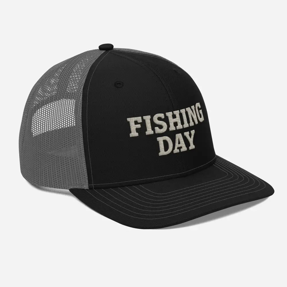 Trini Skies Fishing Day Richardson embroidered trucker hat in black gray mesh