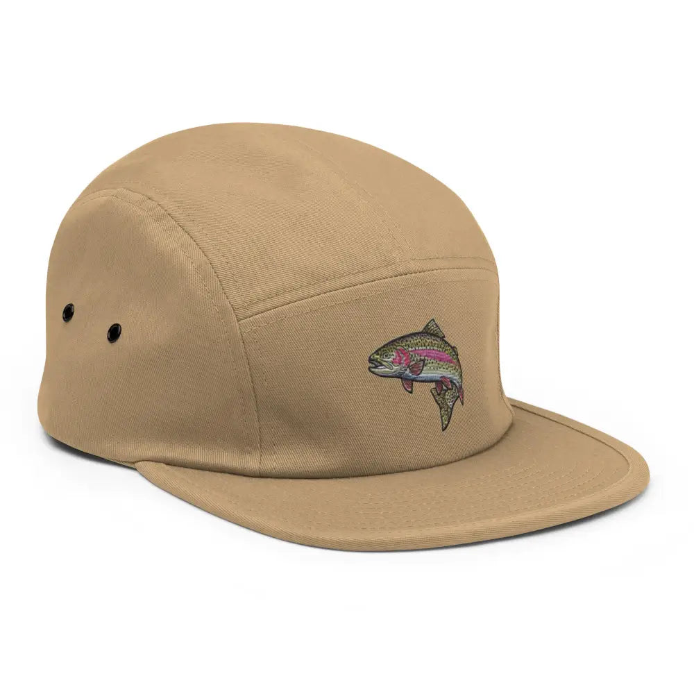 Beige 5-panel rainbow trout fishing hat with embroidered design