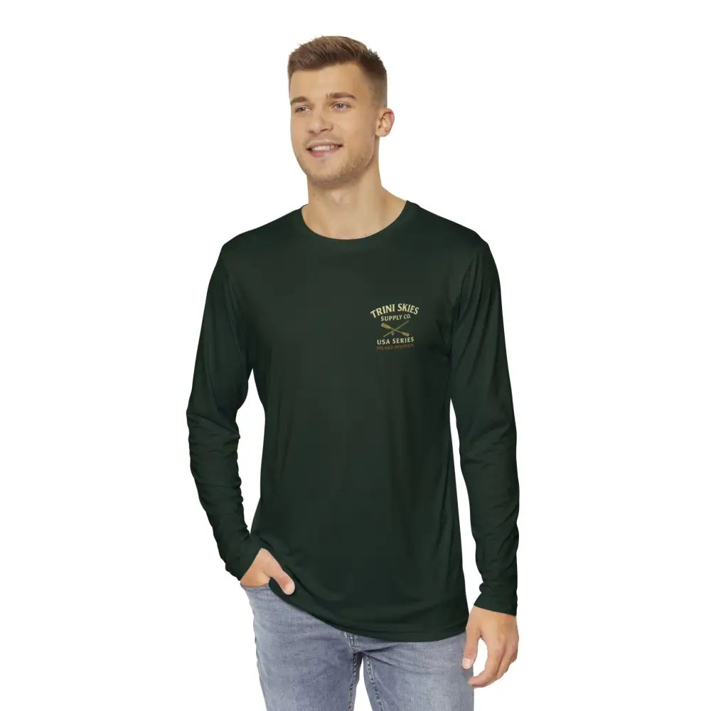Mens dark green long-sleeve Trini Skies fishing shirt with chest print