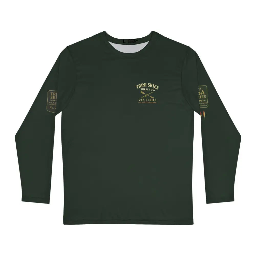 Dark green Legacy of the Lake long-sleeve fishing shirt with Trini Skies graphic
